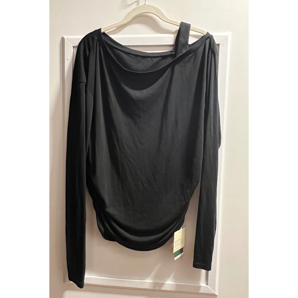 Halara Black One Shoulder Draped Long Sleeve Top Ruched Hem Wool Blend XL NEW